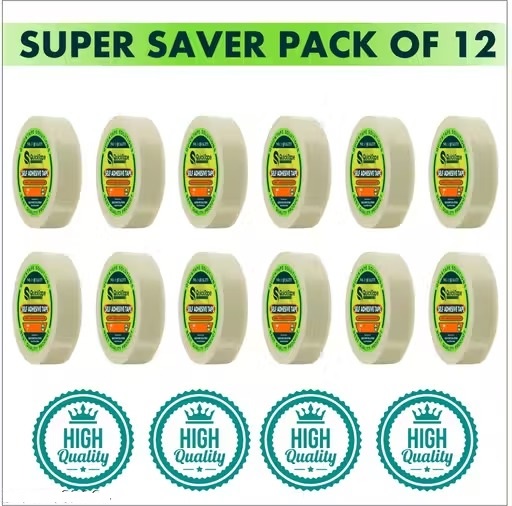 Transparent Adhesive BOPP Tape - Cello Tape for Secure Packing & Shipping (1 Inch Width x 50 Meter Length, Pack of 12 Rolls)